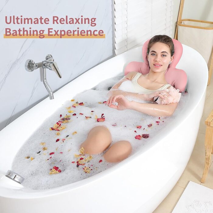 Full Body Bathtub Pillow with 160 Suction Cups - Head & Neck Support Bath Mat with Laundry Bag (Dark Gray & Light Pink, 130x41cm / 51.2' x 16.2')