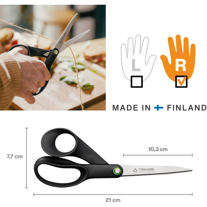 Універсальні ножиці Fiskars ReNew 21 см, чорні, з переробленої нержавіючої сталі та пластику, ергономічна ручка, серія Functional Form