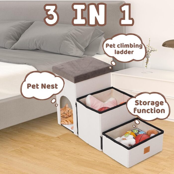 Сходинки для собак на 3 сходинки, 44 см, з місцем для зберігання, для ліжка/софи, для котів, для літніх тварин, губка, хатня тварина, бежевий колір