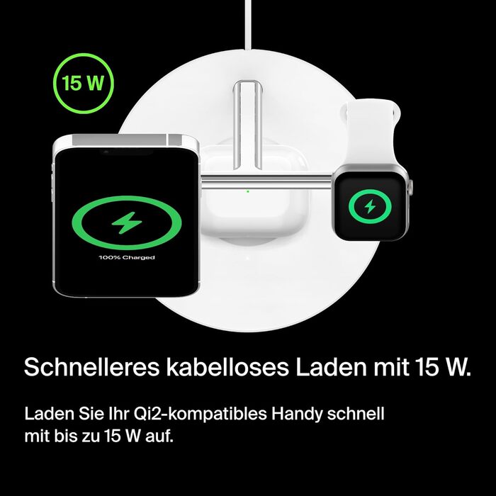 Belkin BoostCharge Pro 3-в-1 MagSafe Бездротове зарядне пристрої для iPhone 13, Apple Watch та AirPods (15W, білий, сумісний з MagSafe/Qi2)