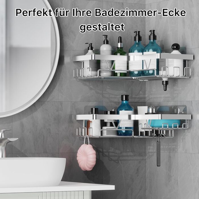 Полиця для душу YIGII без свердління, 3 шт. з нержавіючої сталі, органайзер для ванної кімнати, велика місткість, самоклеюча з мильничкою та 4 гачками, тримач для шампуню, сріблястий (2 шт.)