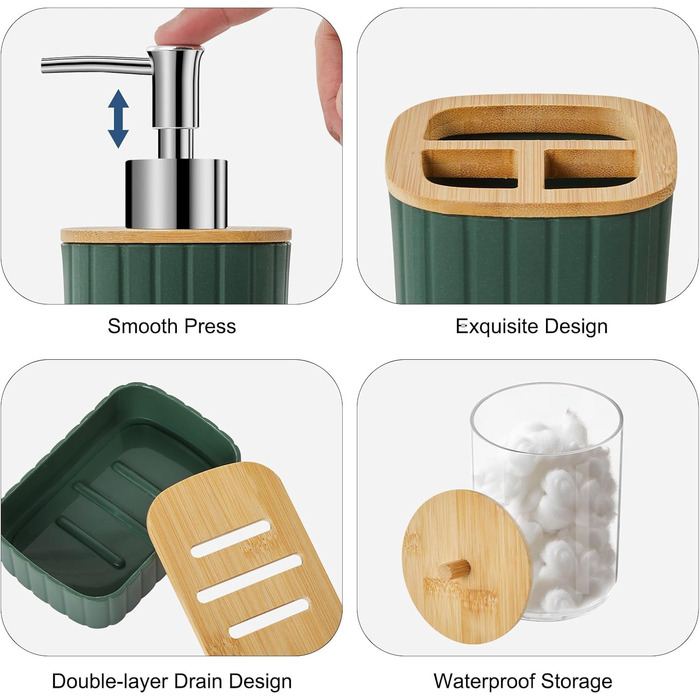 Набір для ванної кімнати Z ZONAMA 24 предмети: душовий завіс, килимок, сміттєве відро, тримач для унітазу, дозатор мила. Стильний набір для дому та квартири. Колір: зелений