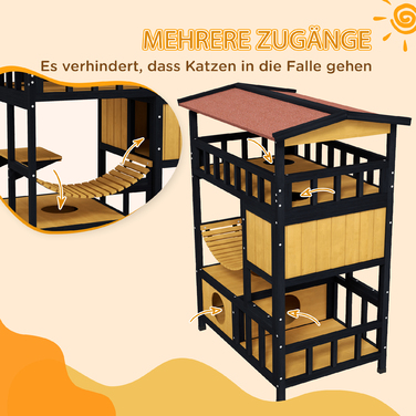 PawHut Cat House, Cat Paradise with Platforms, Suspension Bridge, and Cat Caves, Suitable for up to 2 Cats, Wood
