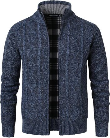 Чоловіча в'язана кофта-кардиган з коміром-стійкою та скрученим візерунком. Тепла флісова куртка з блискавкою для чоловіків (XL, сірий & блакитний)