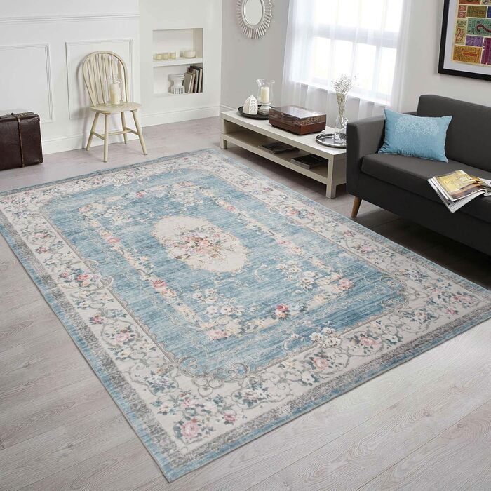 Килим TALETA для вітальні, спальні, офісу: вінтажний, квітковий, 160 x 230 см, блакитний