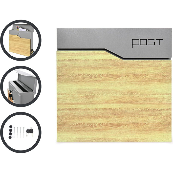 Поштова скринька Verda Anthracite з газетницею, порошкове покриття AkzoNobel, 2 ключі, табличка з іменем, персоналізована, дизайнерська настінна поштова скринька з нержавіючої сталі (срібло з виглядом дерева)