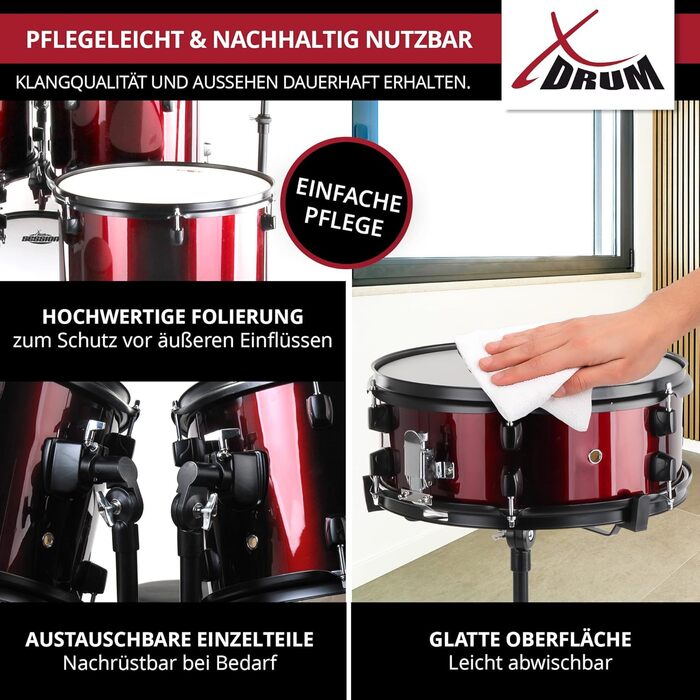 XDrum Rookie 20' барабанний комплект для студії Ruby Red – ідеальний для початківців, стильне чорне обладнання, з паличками, інструкцією та школою барабанів – червоний
