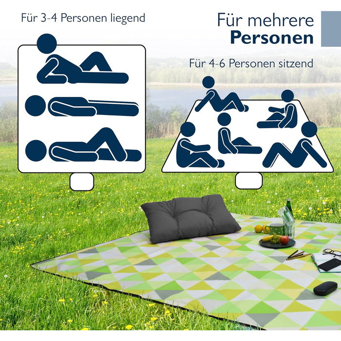 Beautissu XXL Плед для пікніка, водовідштовхувальний, ізольований, 200x200 см, сірий/зелений. Підходить для пляжу, кемпінгу, відпочинку на природі.