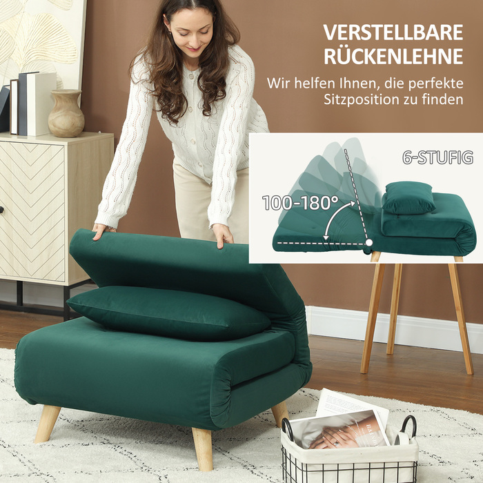 HOMCOM Sleeper Chair, Folding Chair with Bed Function, Decorative Cushion, Foldable Recliner Chair with Adjustable Backrest in Velvet Look, for Living Room, Dark Green | Aosom