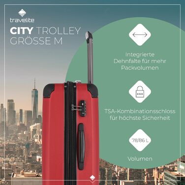 Travelite Carry-on Suitcase, 4 Wheels, Expandable + Attachment Function, City, Small Hard Shell Trolley with Scratch-Resistant Surface, 55 cm, 40-45 Liters (Trolley Size M approx. (68 cm), Red)