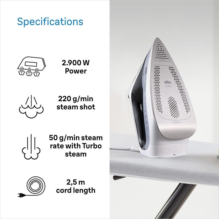 Braun TexStyle 7 Pro Steam Iron SI 7149 WB - Iron with Freeglide 3D Soleplate, Vertical Steam, 2900 Watt, White/Black Black/White