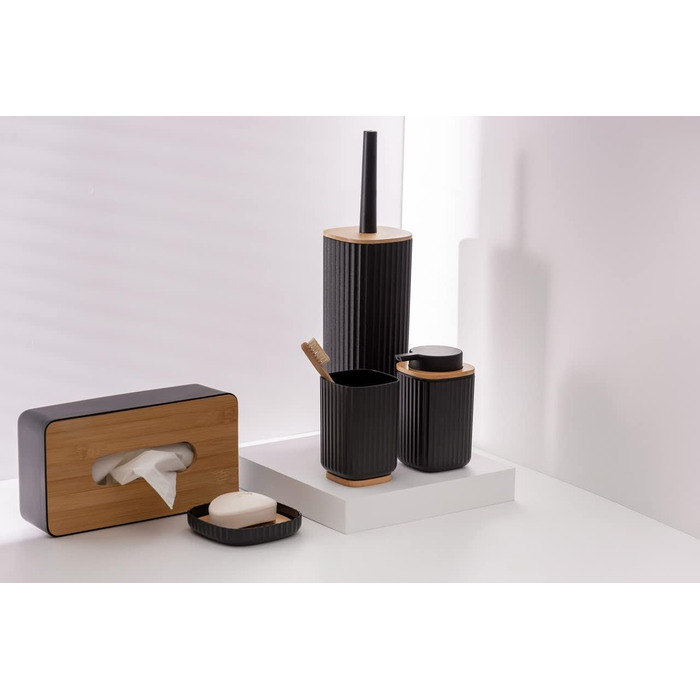 Набір для туалету WENKO Rotello: щітка та тримач з бамбуковим кришкою, білий/натуральний, Ø 10 x 36 см