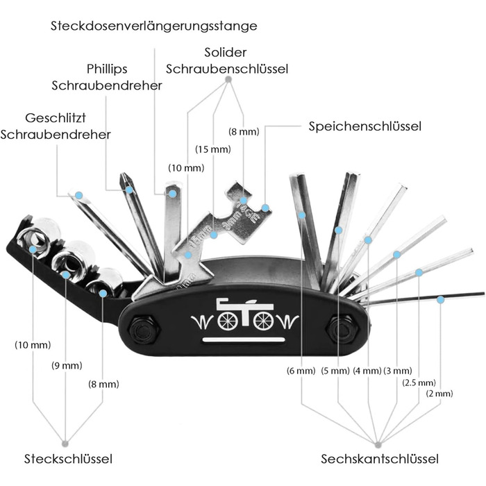 Мультитул велосипедний WOTOW 16-в-1 з чохлом - набір інструментів для ремонту велосипеда
