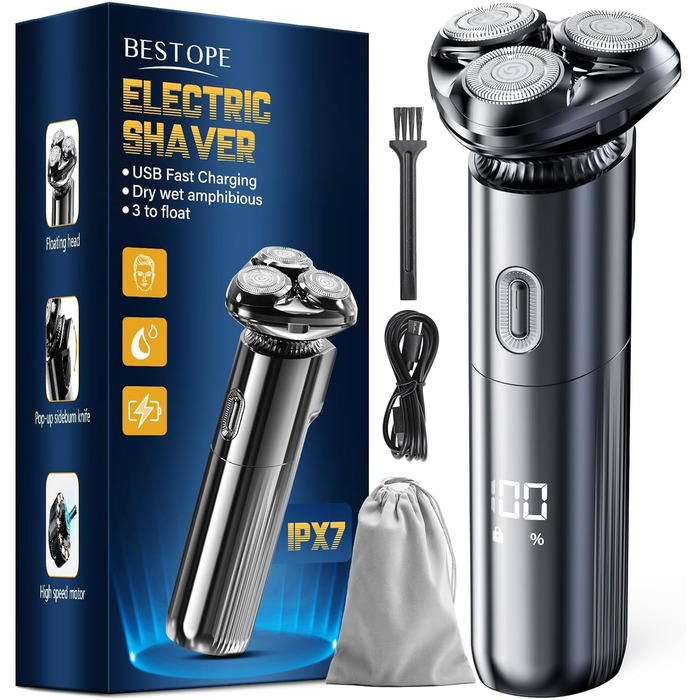 Електричний гоління для чоловіків 3D, бездротовий, з магнітними головками, IPX7, для сухого та вологого гоління, сірий