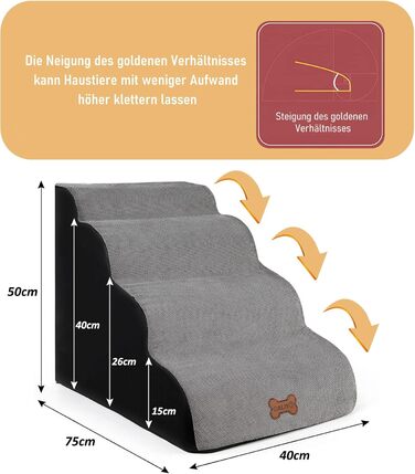 Сходинки для собак Caliyo, 4 сходинки, сірі. Сходи для собак та котів, 40 см, з миючим чохлом та неслизьким дном. Підходять для ліжка, дивану та авто (60×40×40 см)