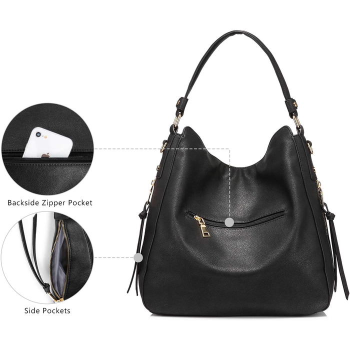 Жіноча сумка-шопер Reaer середнього розміру, чорна PU шкіра, сумка через плече, вінтажна Hobo Bag для роботи, офісу та покупок (L, Чорний)