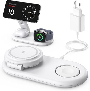 Портативна зарядная станція 3-в-1 для Apple Watch та iPhone з MagSafe, сумісна з iPhone 17, 16, 15, 14, 13, 12, AirPods Pro (біла)