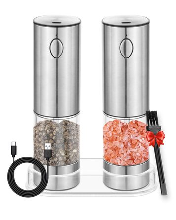 Електричний набір для солі та перцю з зарядною станцією, об'єм 110 мл, перезаряджувана солянка з 5 рівнями, керамічна млинка з щіткою (2 шт.)