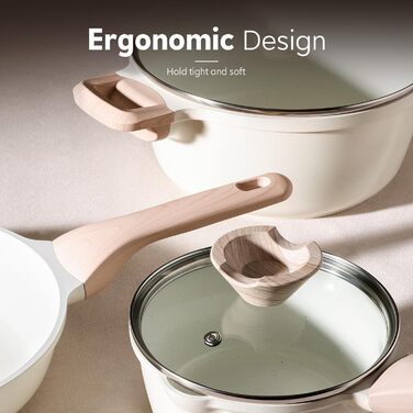 Набір посуду Kordisen з антипригарним покриттям, 5 предметів: каструлі та сковороди, кераміка, білий. Підходить для індукційних плит, без PFOA та PFAS