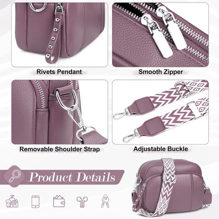 Сумка жіноча через плече кросбоді з натуральної шкіри лілового кольору, стильна, з широким ременем та відділенням для карт