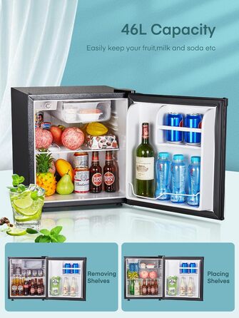 Міні холодильник 46 л з відділенням для льоду, тиха робота 42 дБ, регулювання температури, для кухні, офісу, спальні, готелів та маленьких квартир (колір нержавіюї сталі)