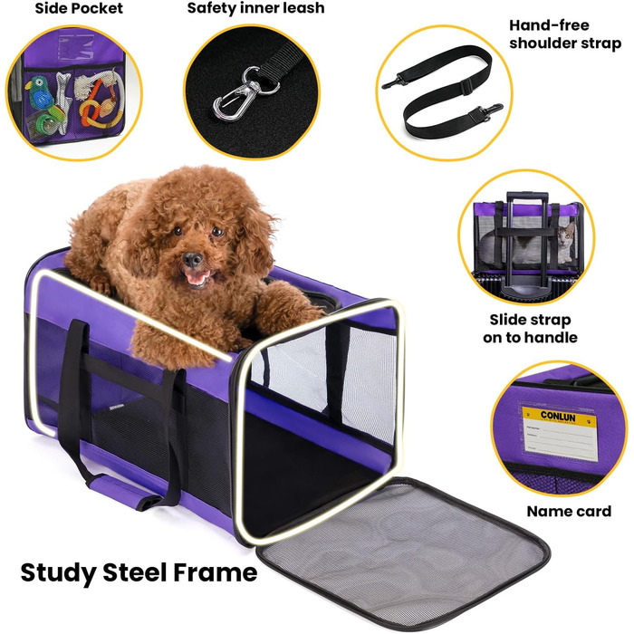 Транспортна переноска для котів Conlun, м'яка переноска з сіткою з 4 сторін, підходить для перевезення літаком, для кошенят та малих котів до 6 кг, складана, розмір 51x31x31 см, фіолетовий колір
