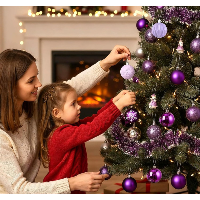 40 Штучних Різдвяних Кулі Прозорі з Кришкою, 6 см, Різдвяні Кулі з 5 Різними Дизайнами, Пластикові Кулі для Ялинки, Вікна, Внутрішнього та Зовнішнього Декору (Фіолетовий)