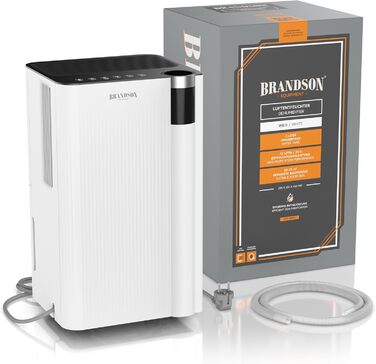 Електричний осушувач повітря Brandson з компресором, 12 літрів, Wi-Fi, з додатком, таймер, відвід води через шланг, захист від замерзання, білий