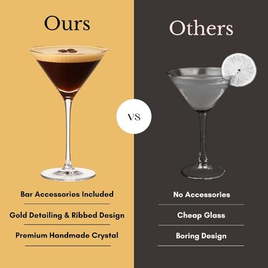 Набір для коктейлів Vemacity: шейкер (500 мл) + 2 келихи Espresso Martini з золотим бордюром, барна ложка та джиггер | Набір бармена | Келихи та шейкер для коктейлів | Ідеальний подарунок на Різдво та Новий рік | Золотий шейкер та класичні келихи Мартіні