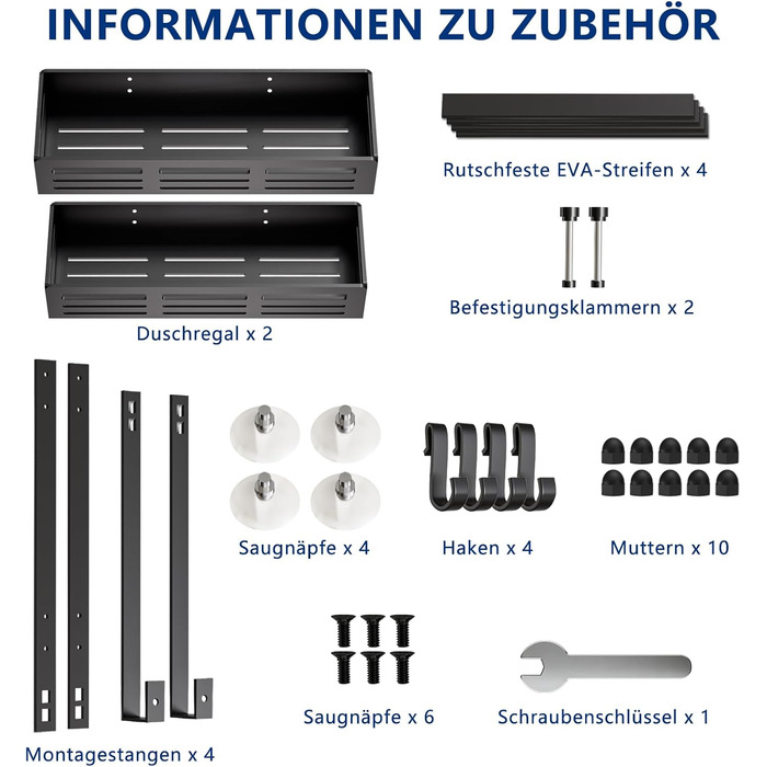 Настінна поличка для душу Hawsam з 2 кошиками та 4 гачками, без свердління, чорна