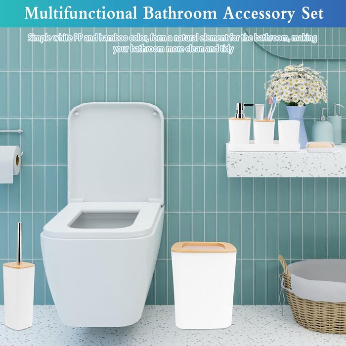 Набір аксесуарів для ванної кімнати з бамбука, 7 предметів: сміттєвий бак, дозатор мила, стакан для ополіскування, мильниця, тримач для зубних щіток, тримач для унітазу, піднос для косметики