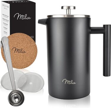 Milu French Press Coffee Maker | 350ml, 600ml, 1L | Stainless Steel Coffee Press, Coffee Maker for Home, Travel, Camping including Coaster, Spoon, Replacement Filters (Black, 1000ml (5 Cups) Black 1000ml (5 Cups)