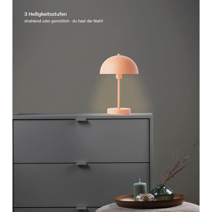 Mokebo® LED настільна лампа бездротова, акумуляторна, з регулюванням яскравості та USB-C, 'The Lighthouse', вінтажна лампа-горщик, грибний світильник, настільна лампа Taupe з металу з акумулятором, тепле біле світло (персикове)