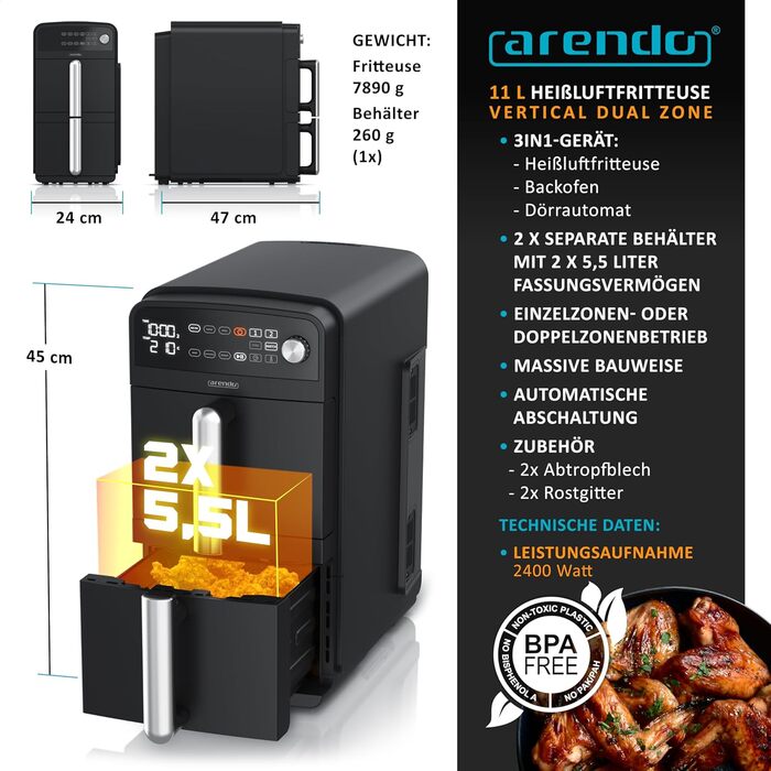 Фритюрниця Arendo з гарячим повітрям XXL Dual Zone, 11 літрів, 2400 Вт, 2 зони, 3в1, 8 сенсорів, без PFAS BPA, 2 решітки, 3D циркуляція повітря, подвійний рівень, тип 1