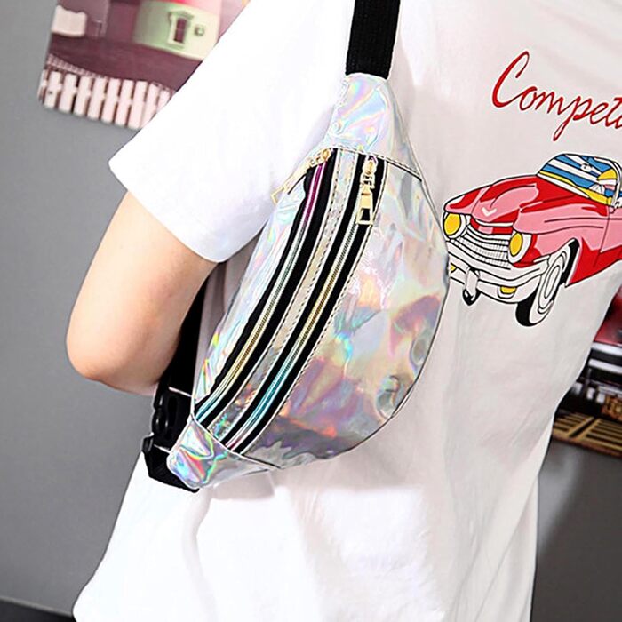 Світловідбиваюча поясна сумочка-фенні-пек, металік, водонепроникна, для жінок, чоловіків, дітей, подорожей, бігу, фестивалів, вечірок (срібляста)