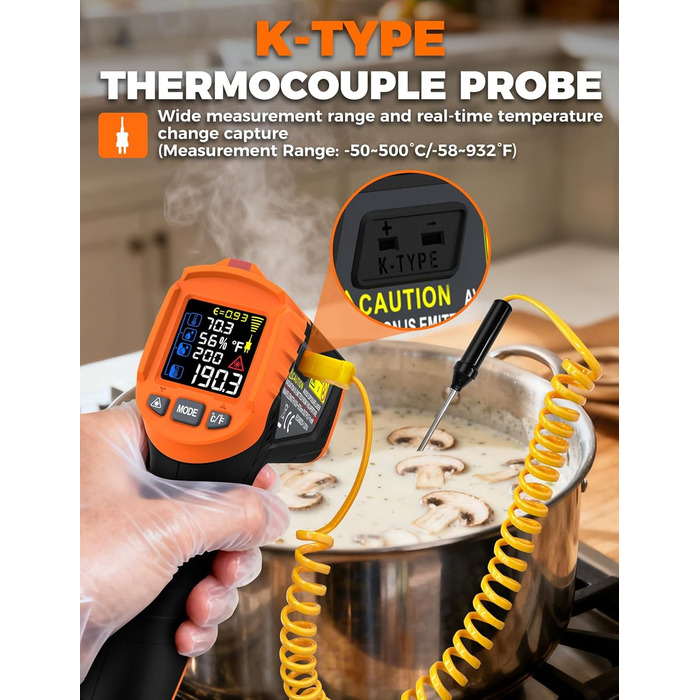Інфрачервоний термометр лазерний IM06MAX з K-типом зонда (-50°C до 800°C) для промисловості, HVAC, приготування їжі та ремонту авто