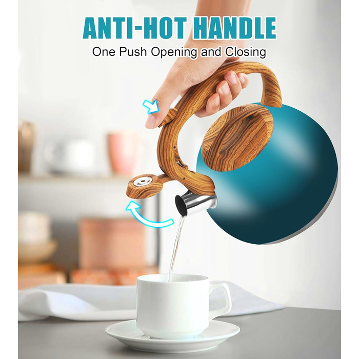 Чайник-свисток Foedo 3.2 л з нержавіючої сталі з дерев'яною текстурою, 3.2 л, для чаю, кави та молока, класичний дизайн, червоний (градієнт темно-зеленого кольору)