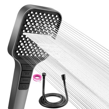Насадка для душу VEHHE з економним споживанням води, 7 режимів, дощова лійка з кнопкою паузи, регулюванням однією рукою та силіконовою форсункою проти засмічення, велика душова лійка з підвищенням тиску (срібна) (7 режимів / сіра / з шлангом)