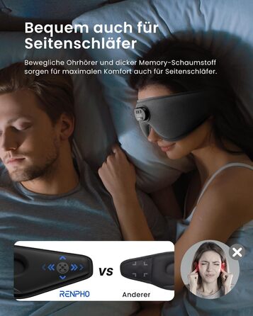 Маска для сну Renpho з Bluetooth V5.2, подарунок для жінок, RENPHO Ultra Soft, бездротова маска для сну з 3D-екраном, комфортна для тих, хто спить на боці, маска для сну з білим шумом, сіра