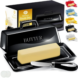 Ceramic Butter Dish Set with Lid and Knife – Black – Decorative Butter Crock Holder for 1 Butter – Microwave Safe, Dishwasher Safe – Includes Scratch-Free Stickers