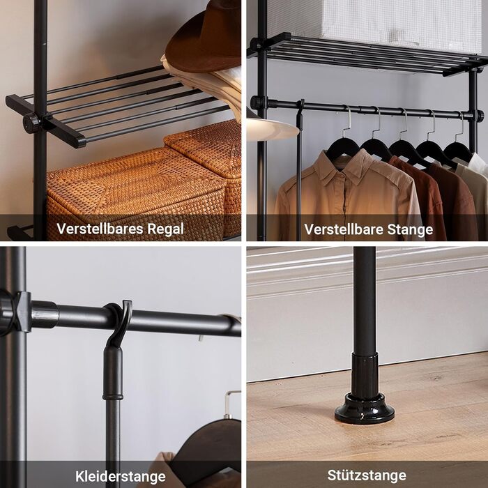 SoBuy Телескопічна вішалка для одягу, розширювана, чорна. Розсувна шафа з полицями для спальні, підлоговий гардероб SoBuy KLS07-SCH