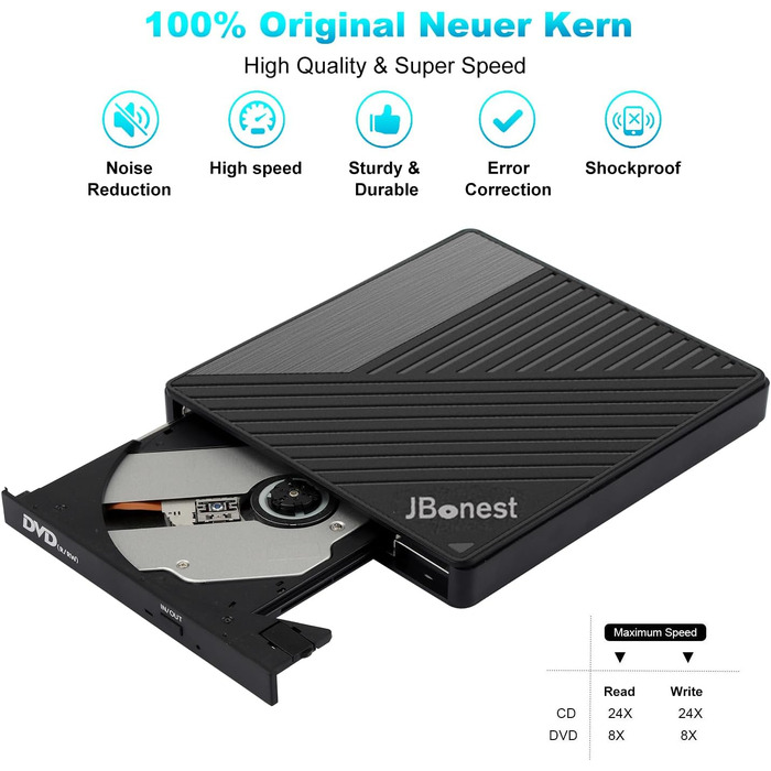 Зовнішній CD/DVD привід USB 3.0 Type-C з картридером SD/TF, портативний RW-записувач для ноутбука, ПК, MacBook (Windows, macOS, Linux) — Чорний