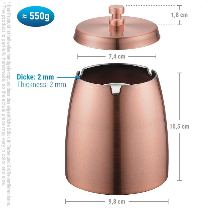 Анти-вітерний попільничка Ecooe з кришкою, нержавіюча сталь, великий, для вулиці та дому, колір мідний