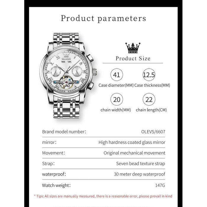 Чоловічий наручний годинник OLEVS 6607: кварцовий, водонепроникний, з ремінцем з натурального дерева, сріблястий/білий
