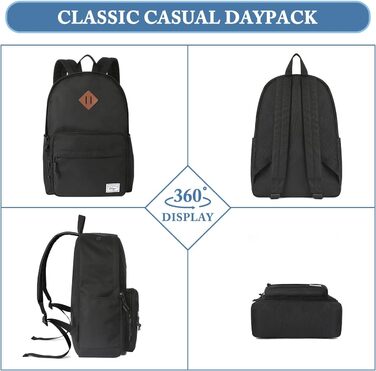 Шкільний рюкзак для підлітків: легкий, 15.6 дюймів, для ноутбука, чорний. Підходить для чоловіків, жінок, хлопців та дівчат, для школи, університету, подорожей та роботи. Об'єм 17,8 л.