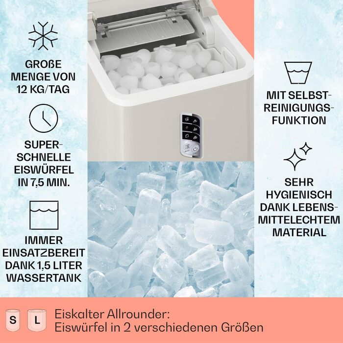 Klarstein Ice Cube Machine Small, Fast Ice Cube Maker, Self-Cleaning Ice Cube Maker, Ice Cube Device for Large and Small Ice Cubes, with Ice Cube Container, 12kg/24h, Capacity 1.5 L (Creme)