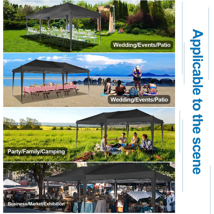 COBIZI Pop-up Pavilion 3x3, Folding Pavilion 3x3 Waterproof, Stable, Winter-proof |8X Pegs|4X Wind Rope|UV Protection 50+|High-Density Tarpaulin| Pavilion Foldable 3x3m Party Tent Folding Pavilion 3x3 Garden Pavilion (Black, 3x6m with 6 Side Panels)