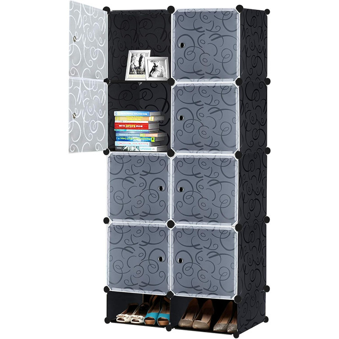 HENGMEI DIY Closet Wardrobe Storage Shelf System, Cube Organization System, Shoe Cabinet, Closet with Door (Black) (8 Boxes)