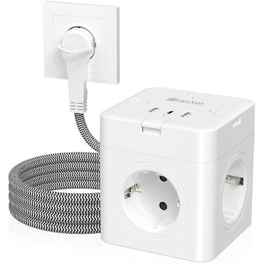 Блок розеток з USB-C, 4 розетки, плоский штекер, індивідуальне вмикання, сплетене кабель 2м для офісу, дому, подорожей - білий