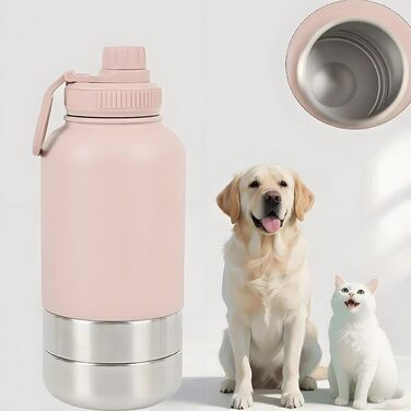Миска-поїльник для собак 3-в-1 950 мл (Рожева) - для подорожей, з термоізоляцією та мискою, 3-в-1